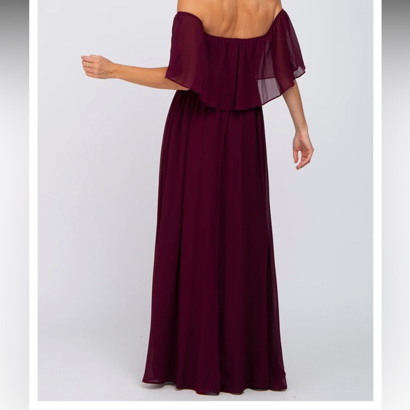 Burgundy Chiffon Off Shoulder Maxi Dress - Picture 3 of 3